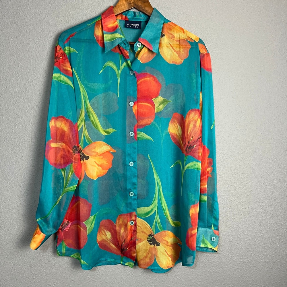 Liz Claiborne Sport Artsy Floral Button Down Blouse Semi Sheer Lightweight Top M